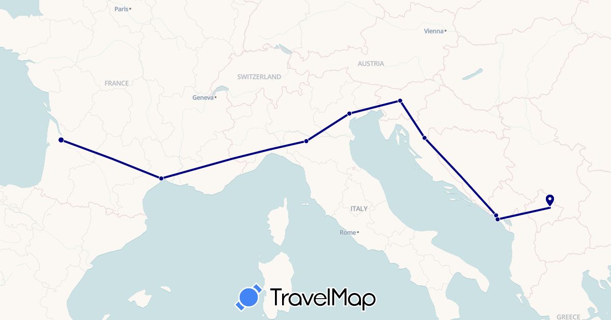 TravelMap itinerary: driving in France, Croatia, Italy, Montenegro, Slovenia, Kosovo (Europe)